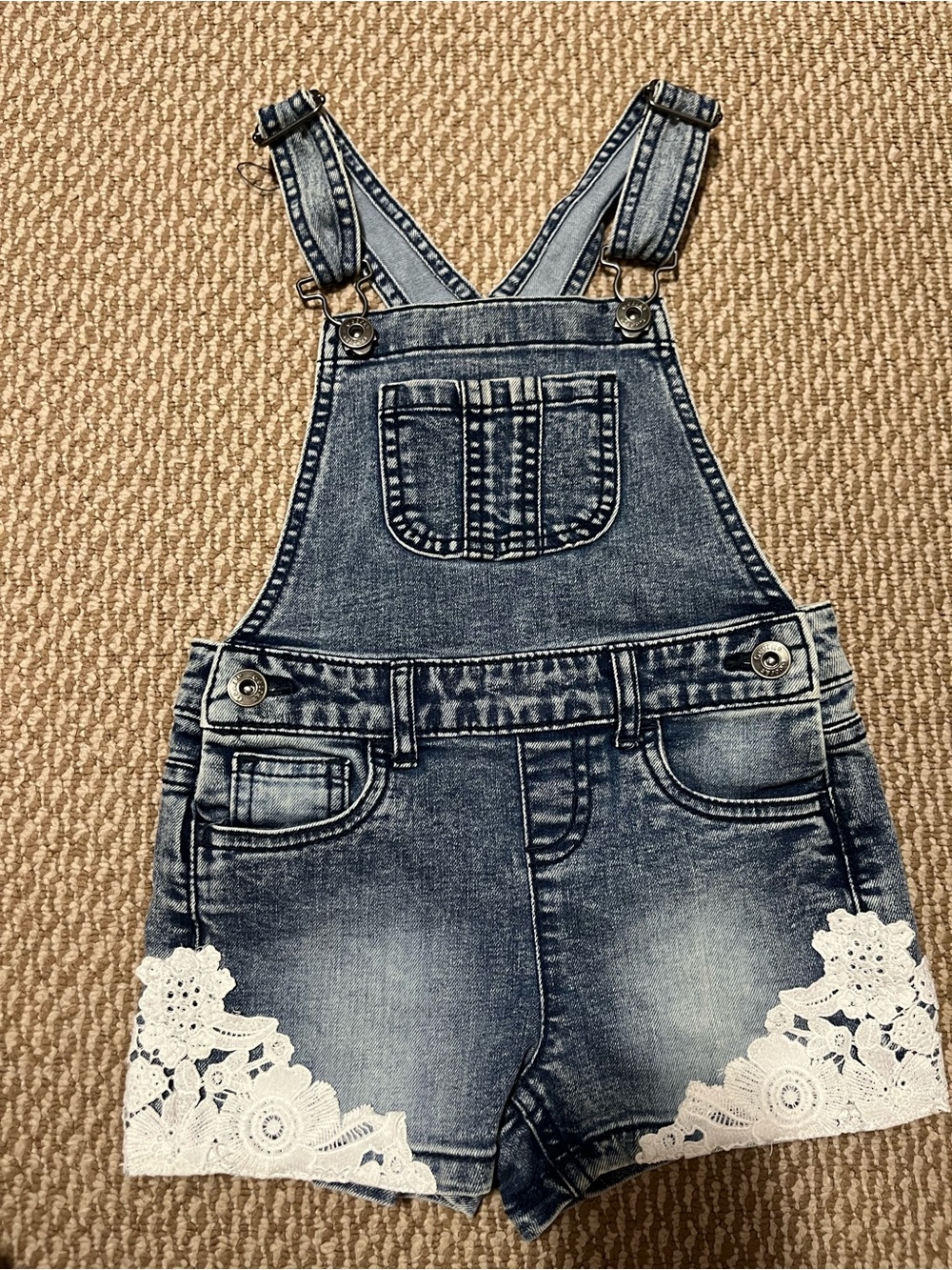 Girls size 5 Denim Shortalls with White Lace Trim